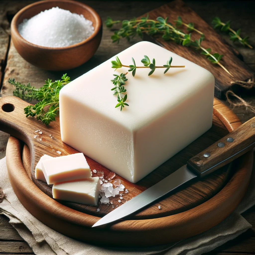 An image showing beef tallow in its raw, solidified form, frozen and placed on a wooden cutting board. The tallow is depicted as a smooth, creamy white texture and frozen in a rectangular shape