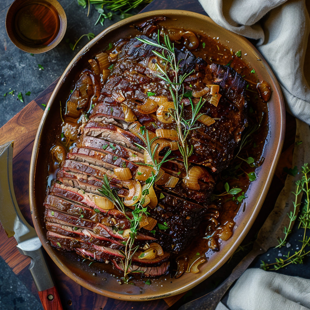 An image showing a raw, uncooked brisket cut of beef on a wooden cutting board. The brisket should look high-quality, with visible marbling and a rich texture.