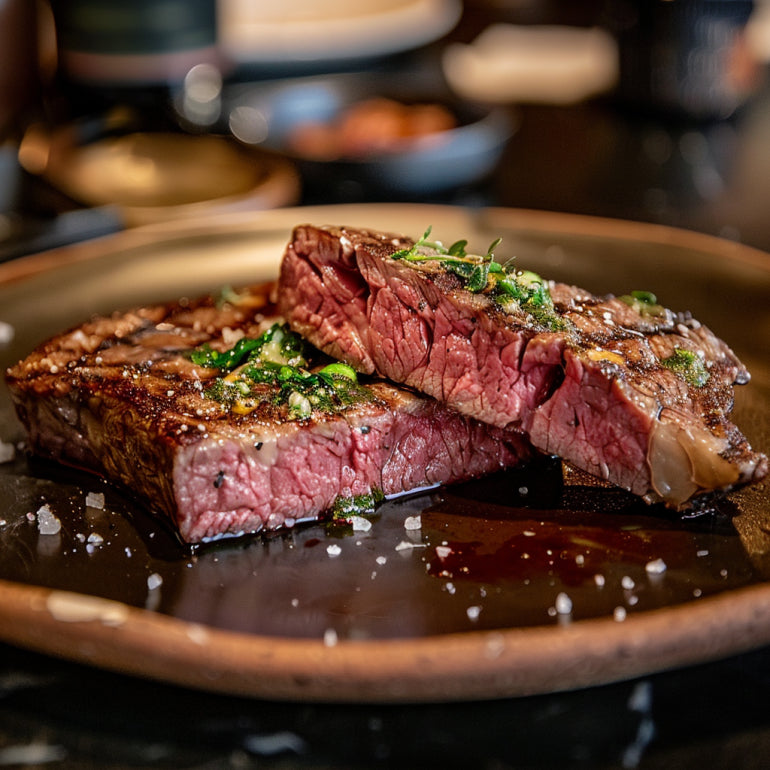 An image that showcases the appeal of Denver Steaks. It should focus on the Denver Steaks with their rich marbling and unique cut structure.