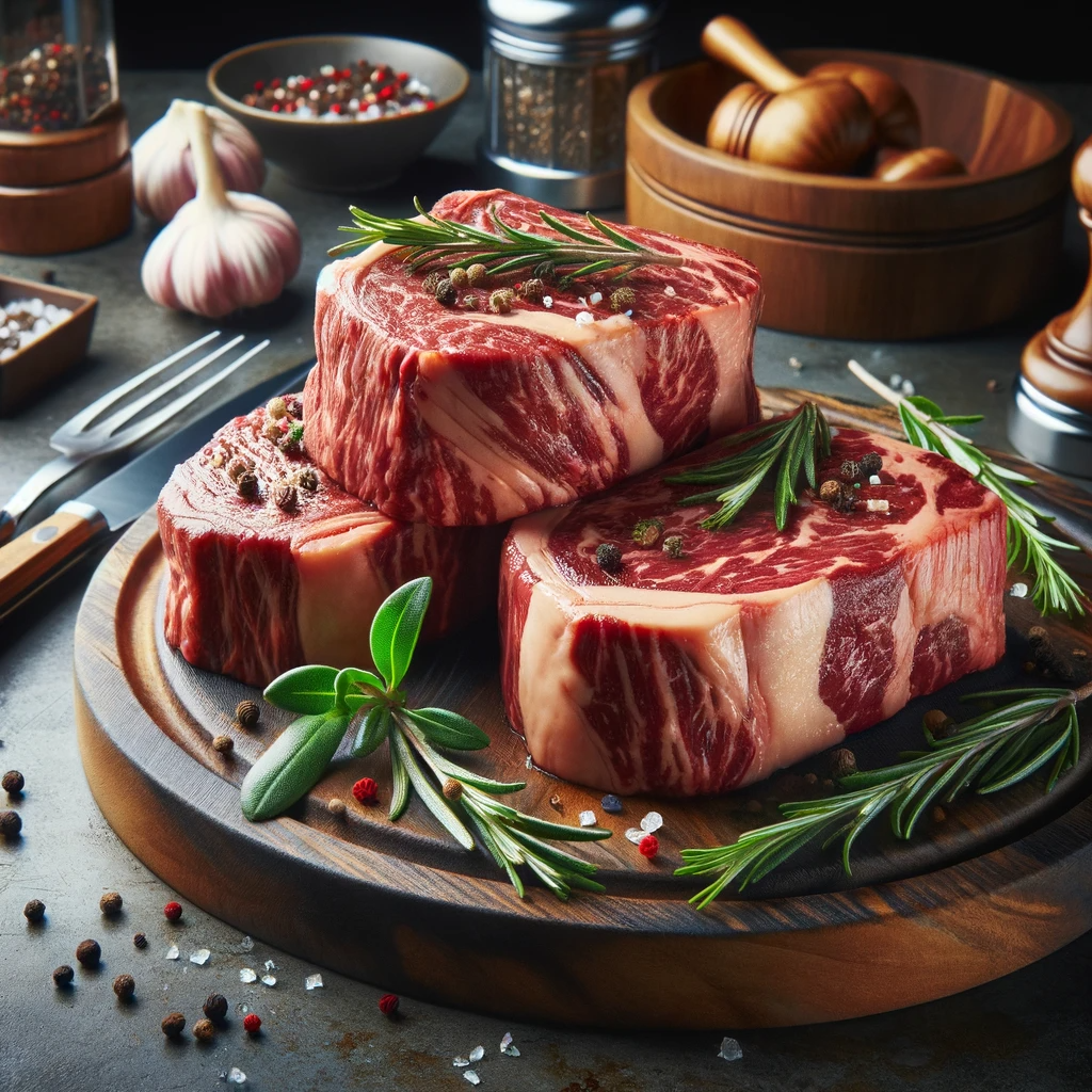 An image that showcases the appeal of Denver Steaks. It should focus on the Denver Steaks with their rich marbling and unique cut structure.