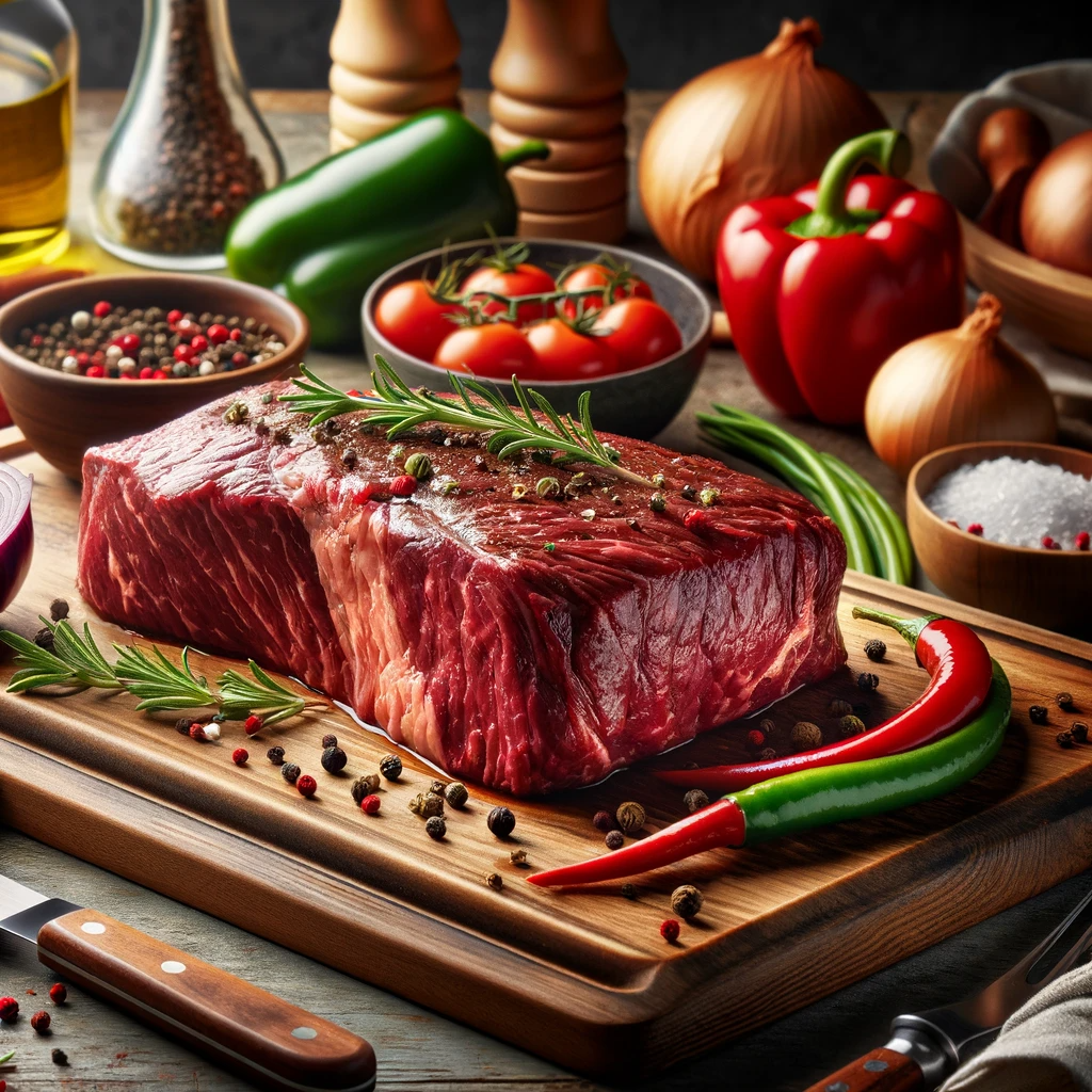 An image of flank steak being prepared in a kitchen, focus on the steak on a cutting board with cooking utensils and ingredients around it.