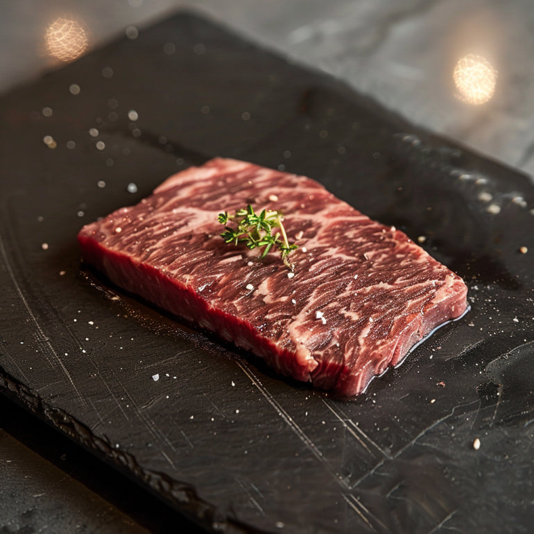 a cooked flat iron steak on a plate with some sauce spilled over it.