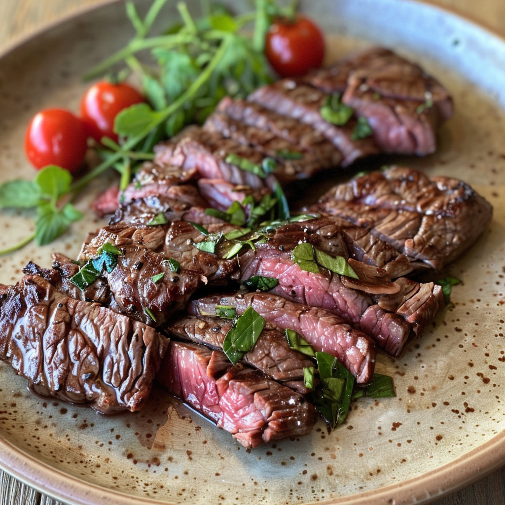 An image of a hanger steak displayed in a meat shop, surrounded by other cuts of meat