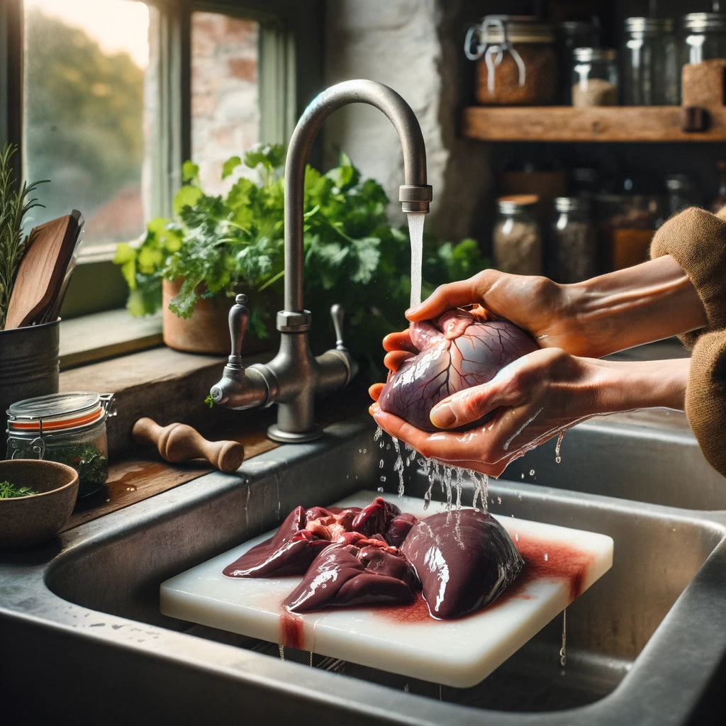 An image depicting beef heart and liver being rinsed in a kitchen setting. The image features a rustic-style kitchen with natural lighting. 