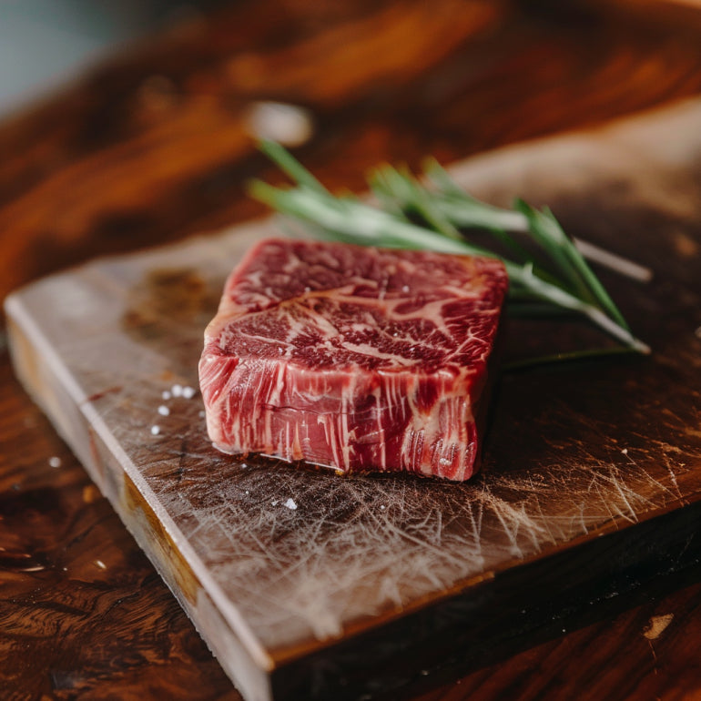 wagyu steak sliced on a plate with side pairings such as red wine