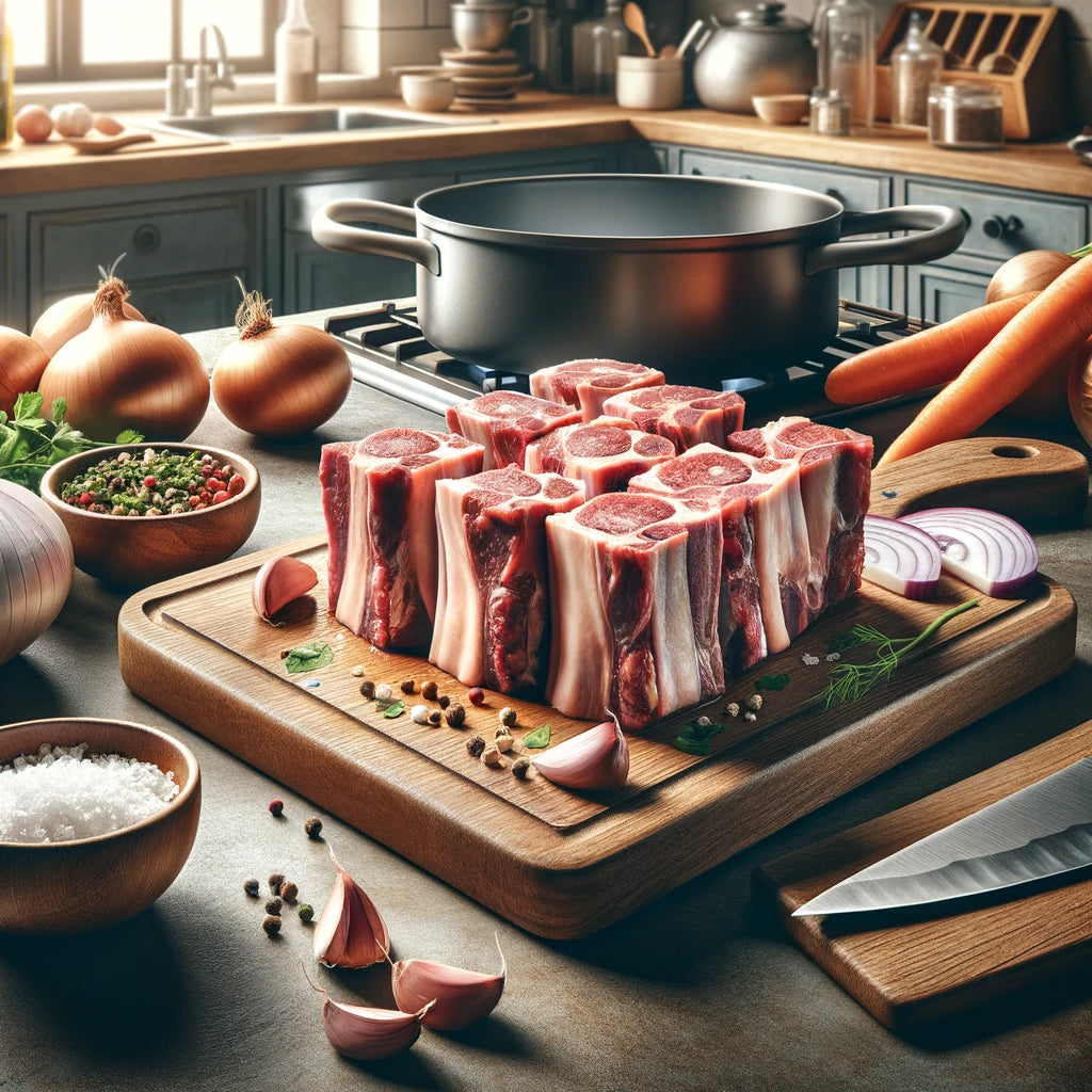 An image showing a kitchen scene showing oxtail being prepared for cooking. The image features a cutting board on a kitchen counter with raw oxtail pieces on it