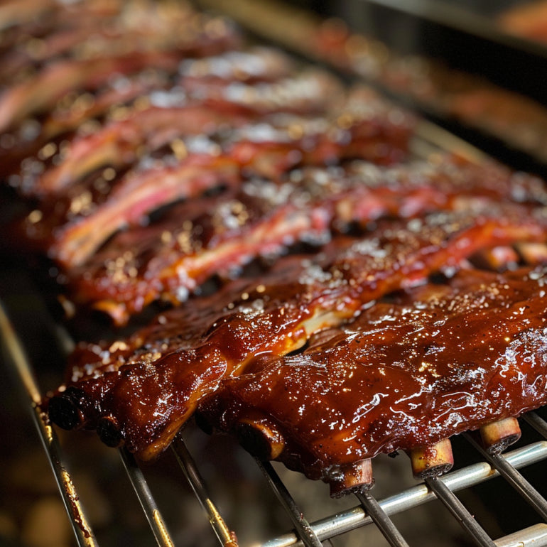 An image of rib fingers prepared to be cooked in a kitchen setting. The scene should include a kitchen counter where the rib fingers are laid on the kitchen counter along with other ingrediets