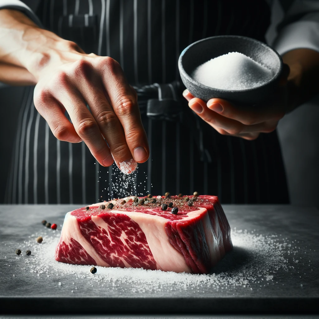 a steak seasoned with salt and pepper