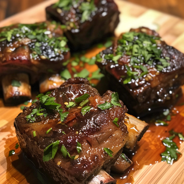 An image that vividly showcases the versatility of short ribs in various culinary preparations. The image should include sections disp