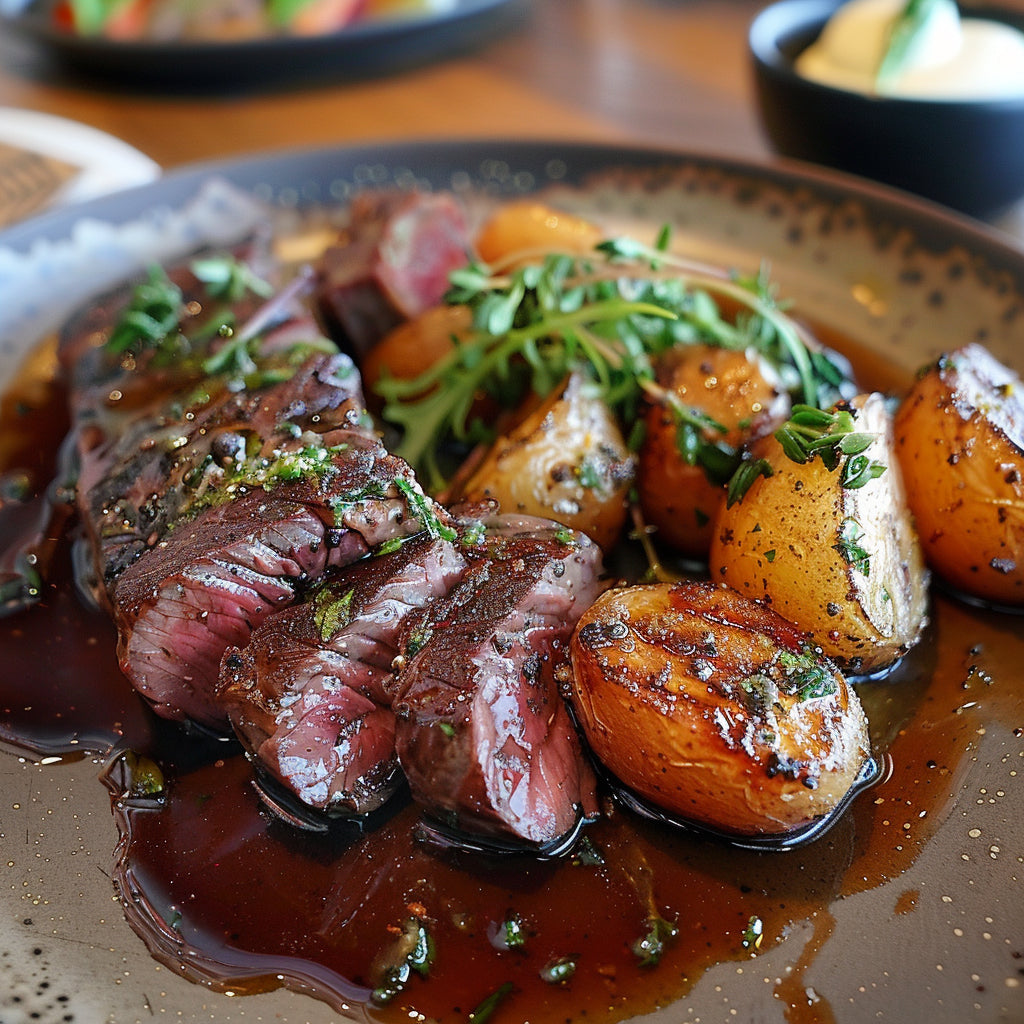 A detailed image of a sirloin tip roast being prepared in a kitchen.