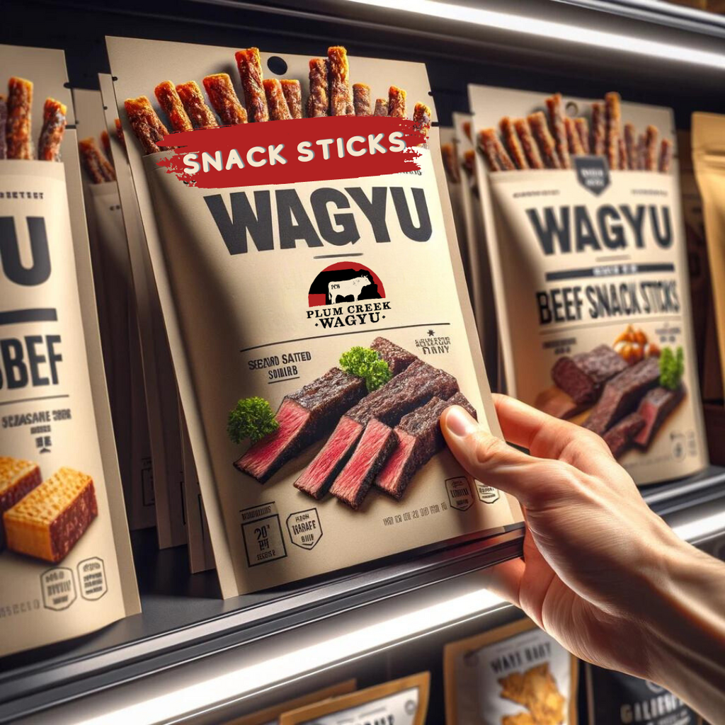 An image showing a customer's hand reaching out to pick up a packet of Wagyu beef snack sticks from a shelf. The packet is prominently displayed among other packets.