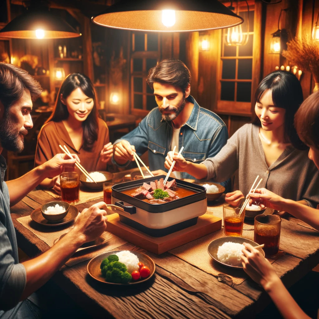 Image of a group of people in a western-style dining room enjoying the Wagyu stew meal together, sharing a moment of community and enjoyment. 
