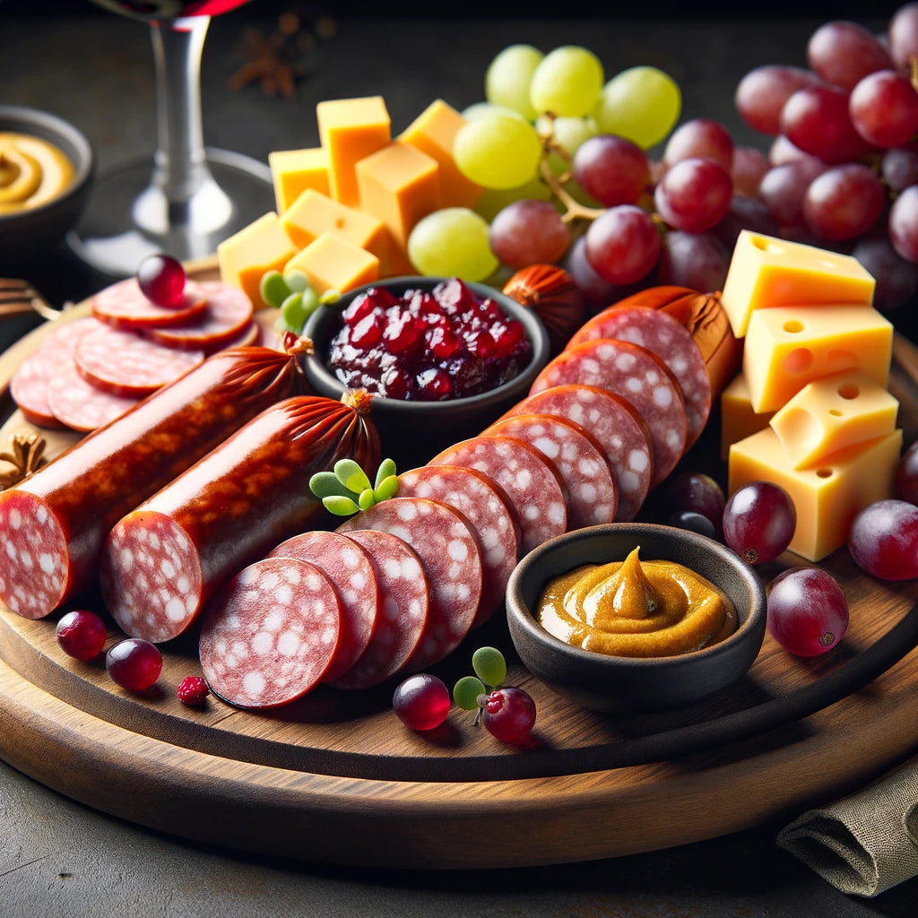 A image of gourmet presentation of summer sausage, thinly sliced and arranged on a wooden board. Accompanying the sausage are small bowls of mustard and cranberry
