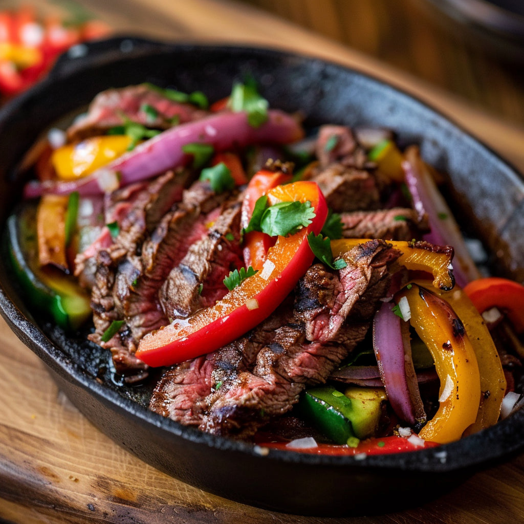 An image of a Wagyu Fajita Steak displayed in a meat shop, surrounded by other cuts of meat.