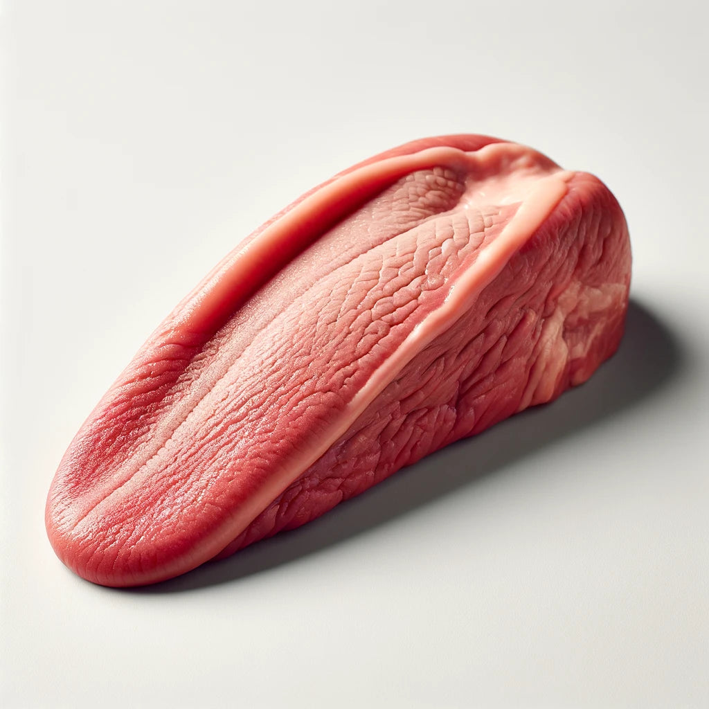 An image of a raw beef tongue laid out on a clean white surface, slightly longer with a gentle curve to its shape. 