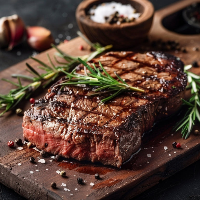 wagyu steak cooked on a plate surrounded by herbs and sauces