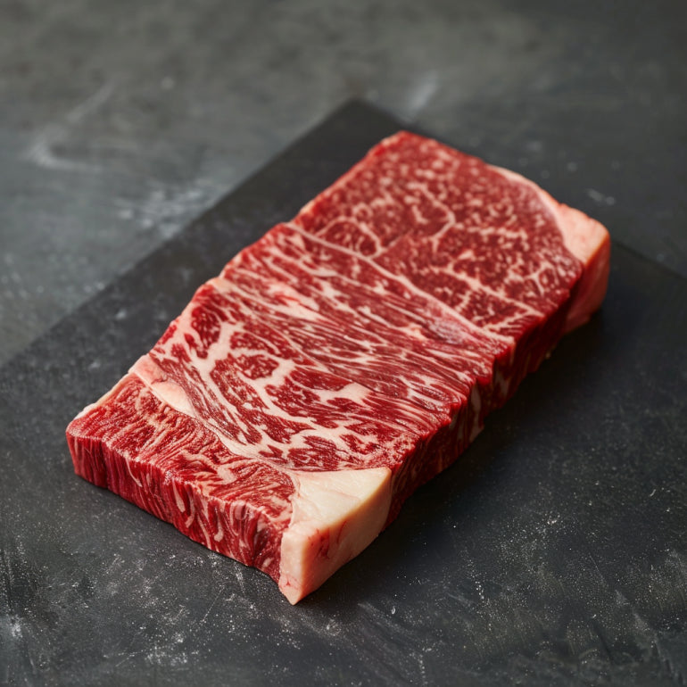 an image of wagyu denver steak on a marble cutting board showcasing its rich marbling and texture