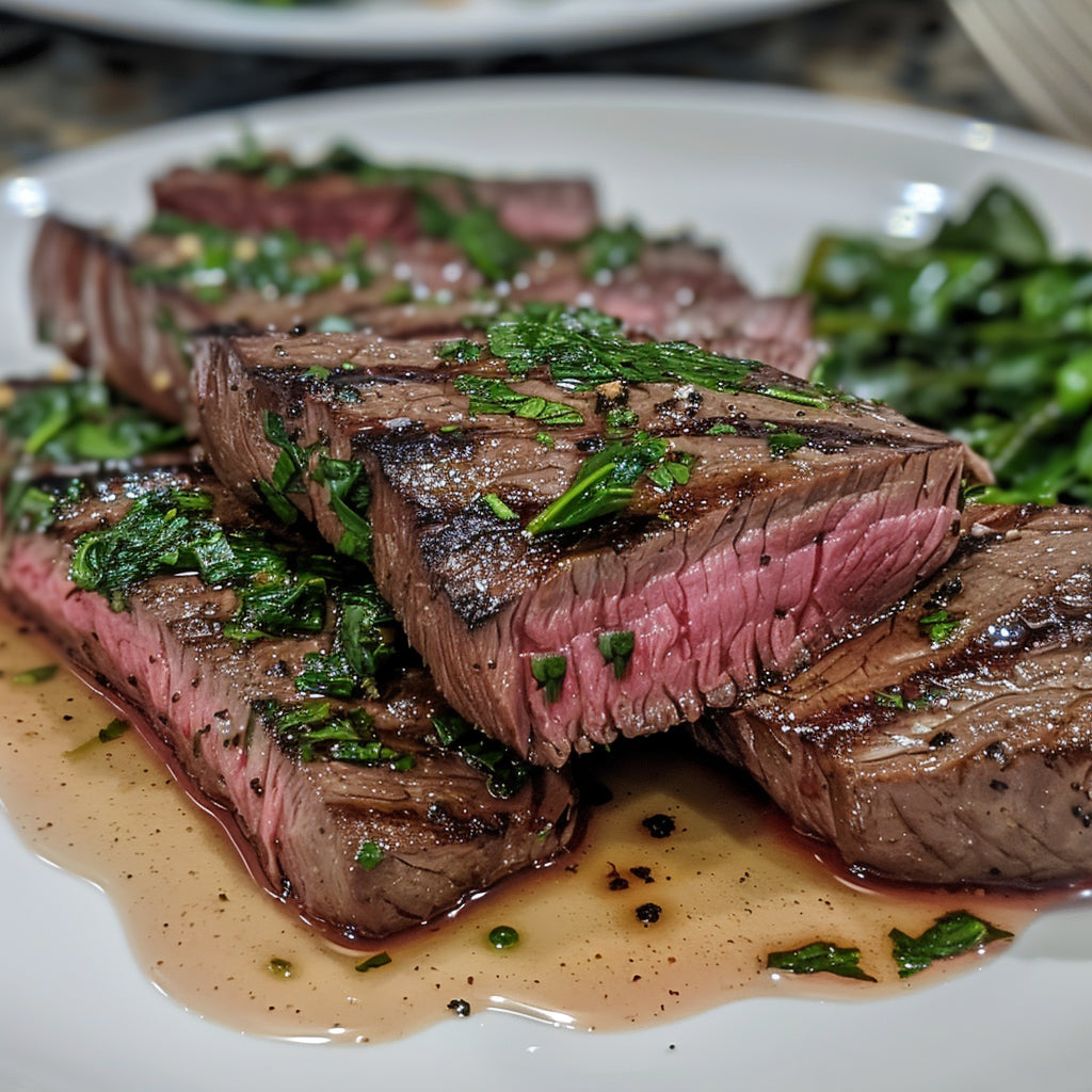 An image of a Wagyu flat iron steak placed on a kitchen shelf. The steak should be depicted with high detail, showcasing its marbling and texture.