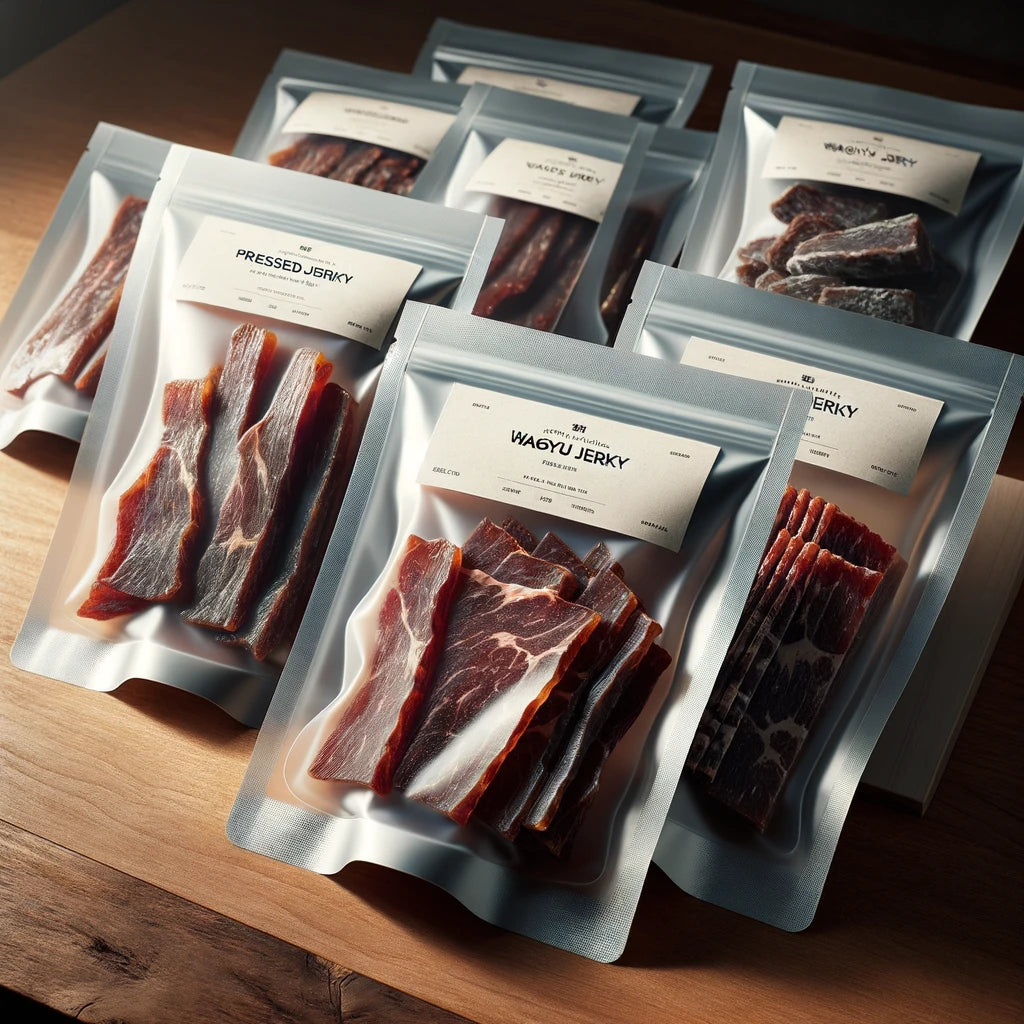 An image depicting vacuum-sealed bags of Wagyu jerky, laid out neatly on a wooden surface. Each bag is transparent, allowing a clear view of the high-quality wagyu jerky