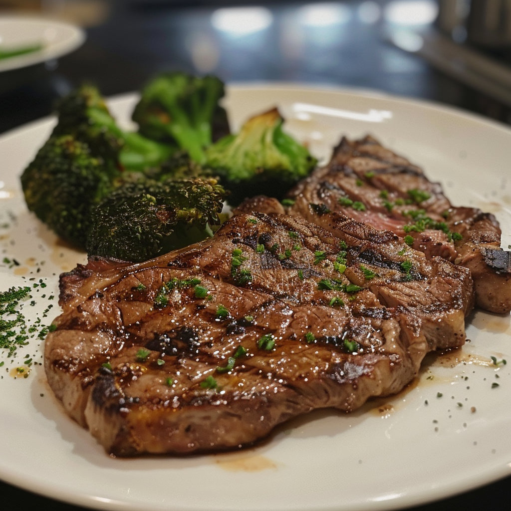 Wagyu ribeye on a plate in a kitchen shown as the gold label 