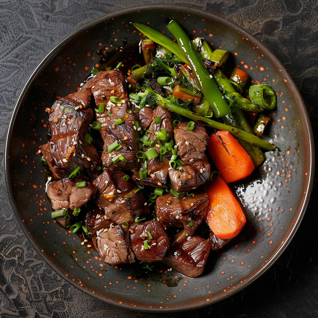 An image of a raw Wagyu tenderloin tips on a butcher block, the seasoning process, cooking in a cast-iron skillet, and the final elegant dining table setting with the cooked tenderloin tips paired with sauces and wine.