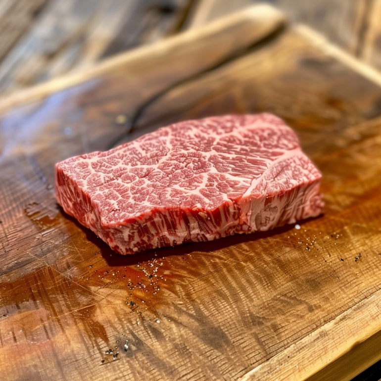 a precise wagyu cut on a cutting table in a kitchen