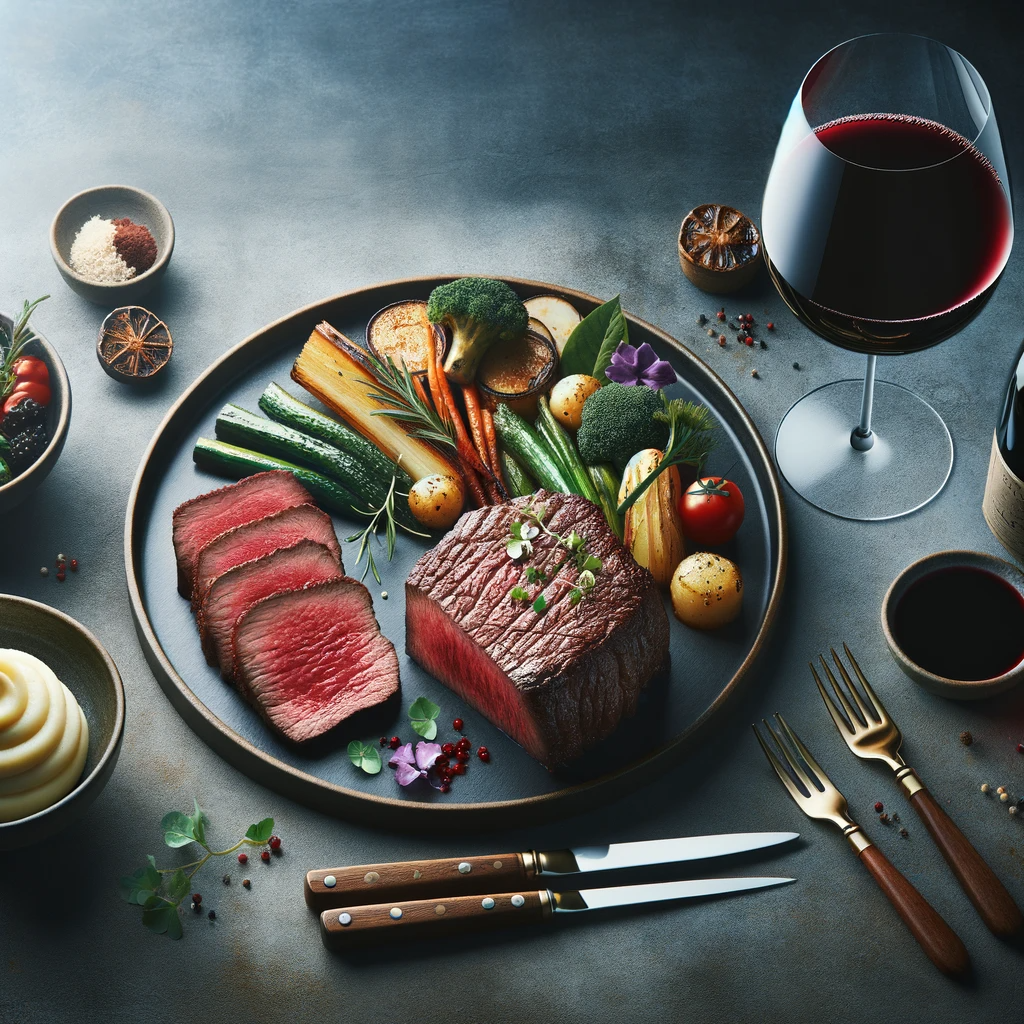 wagyu steak sliced on a plate with side pairings such as red wine