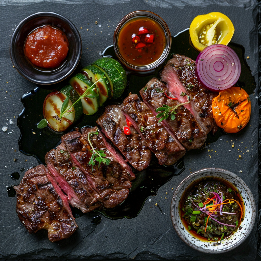 A beautifully grilled Wagyu skirt steak showcasing its marbling and tenderness, surrounded by vegetables and sauces