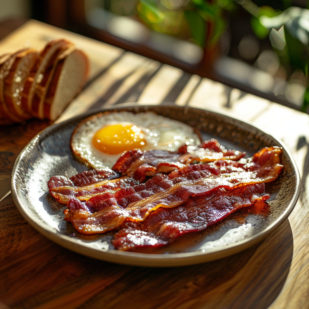 An image of Wagyu beef bacon served in a breakfast setting. The scene includes a sunny morning backdrop with natural light streaming through a window
