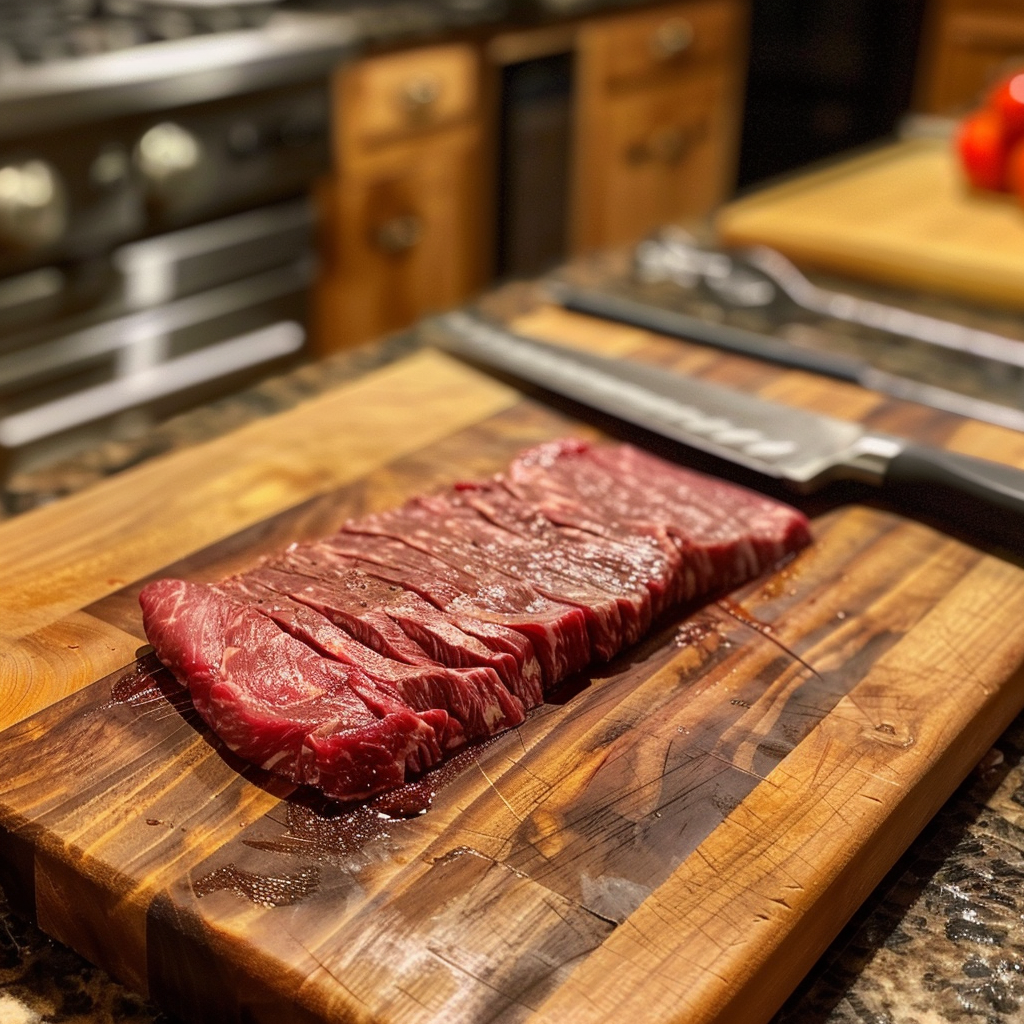 An image of Wagyu flank steak being trimmed on a cutting board in a kitchen, preparing it for marination, with a knife and kitchen utensils around it.