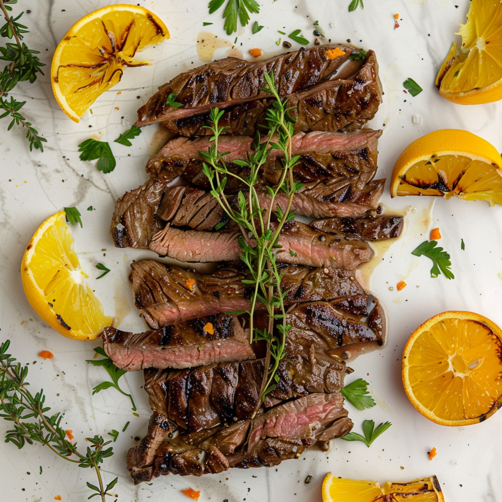 An image of a beautifully marinated skirt steak surrounded by fresh ingredients like garlic, herbs, and citrus slices.