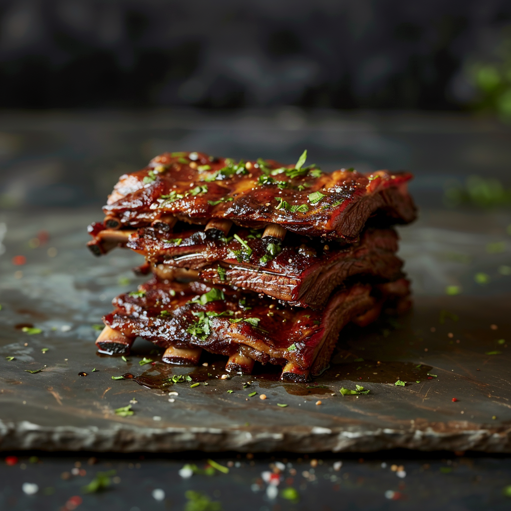 An image of beef back ribs stacked on top of each other. 