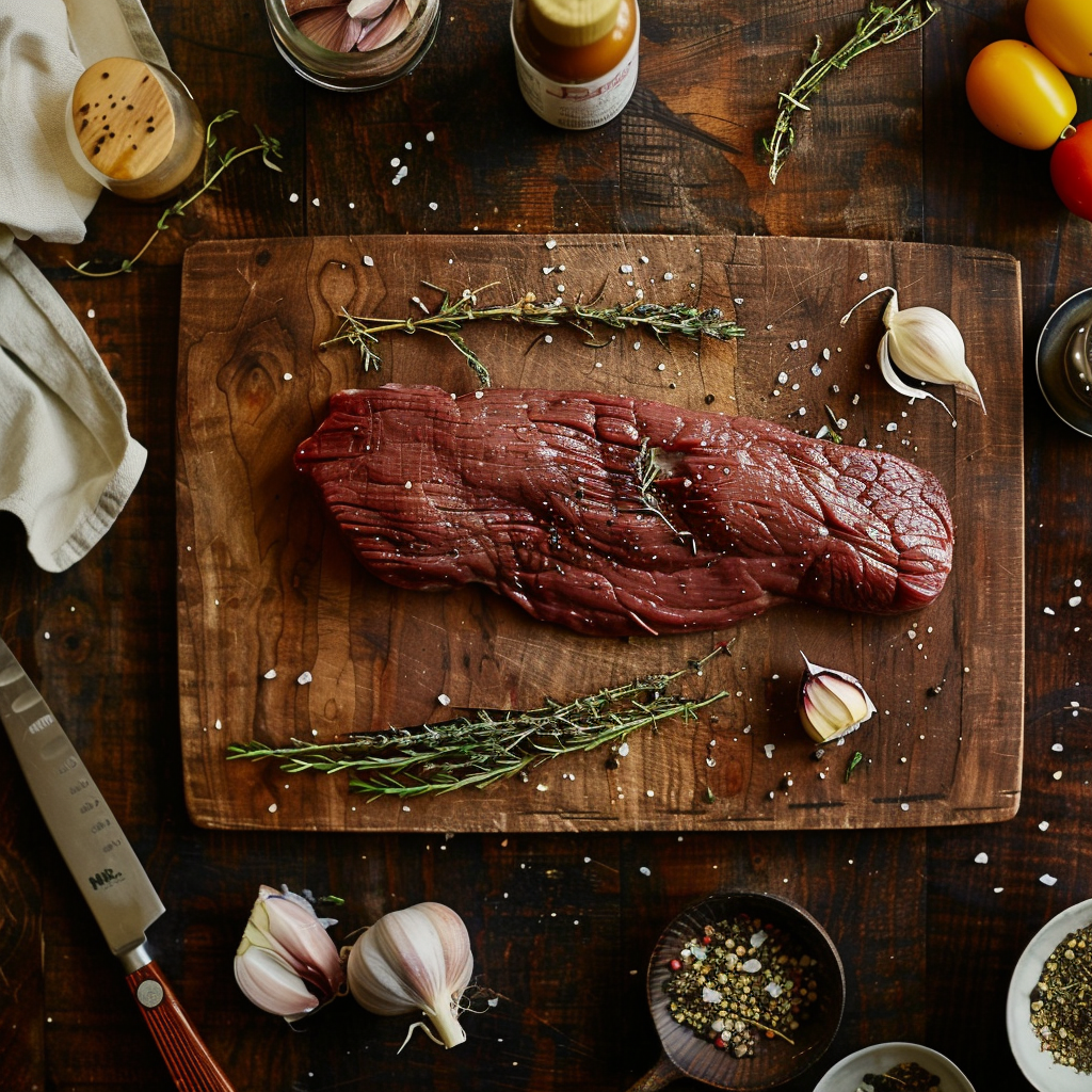 An image of flank steak being prepared in a kitchen, focus on the steak on a cutting board with cooking utensils and ingredients around it.