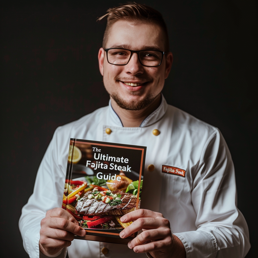 a chef holding a magazine which has a cover story on cooking the ultimate fajita steak