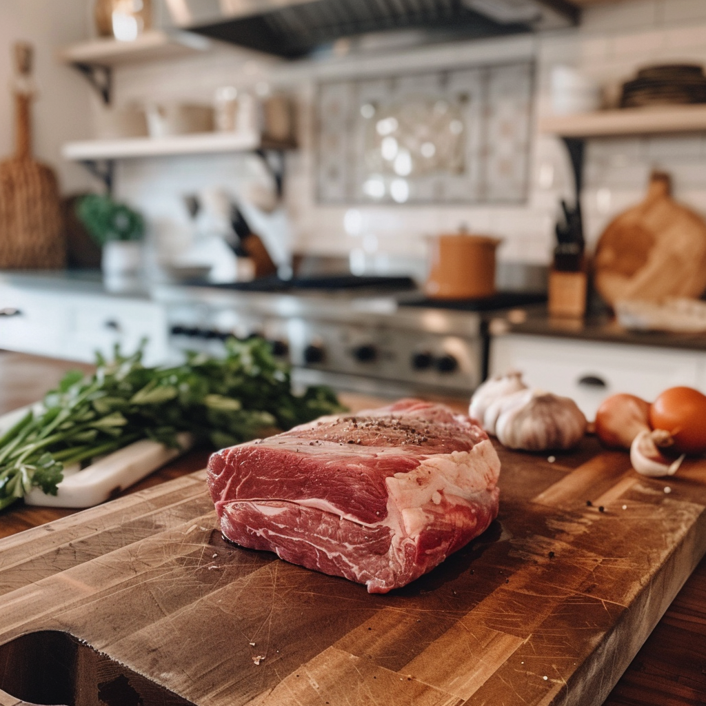 a new york strip on a cutting table in a kitchen surrounded by other ingrediets