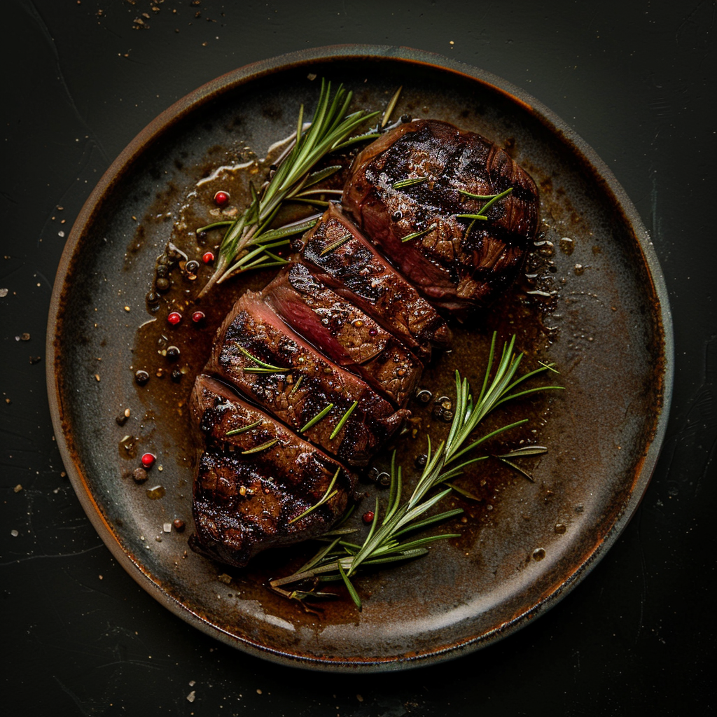 a top sirloin cooked steak on a plate surrounded by spices, sauces and cutlery 