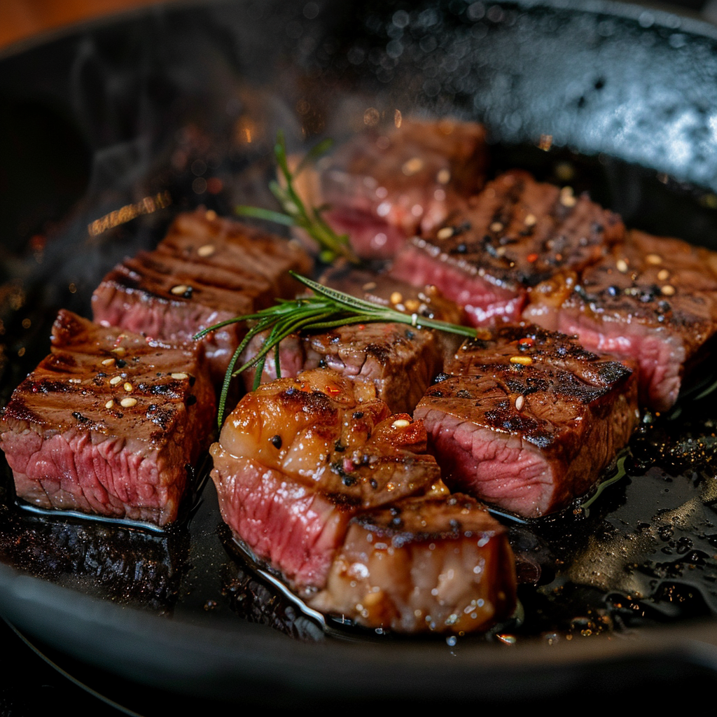 cooking wagyu steak in a skillet