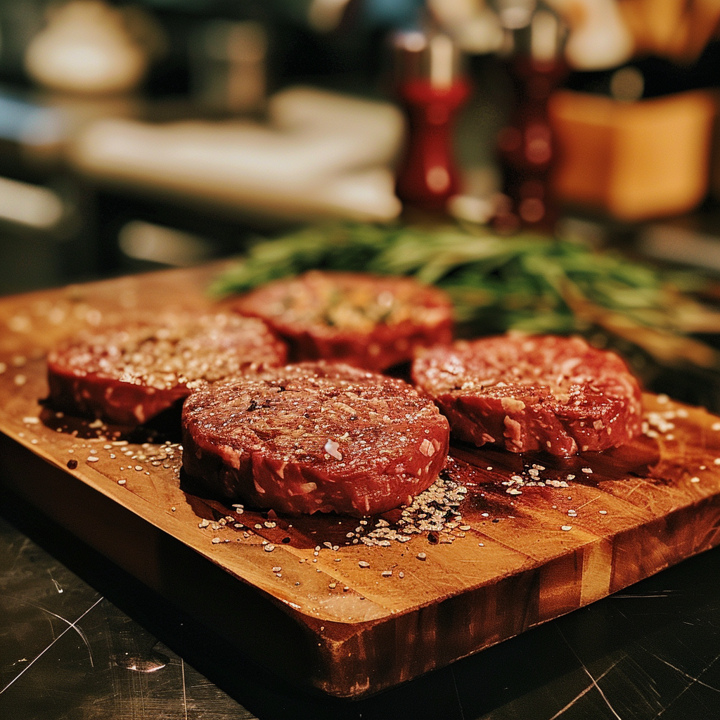 various raw wagyu burger patties on a cutting board in a kitchen