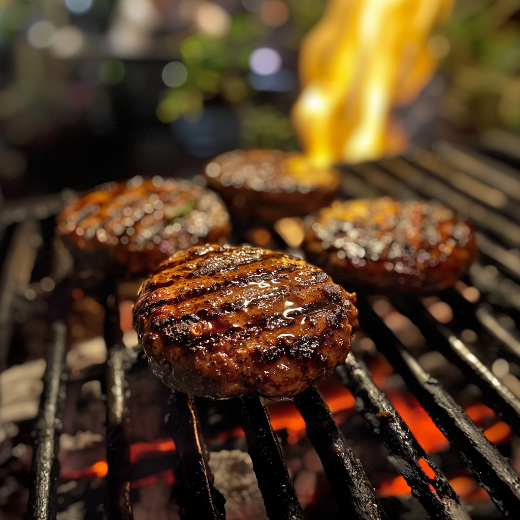 wagyu burger patties cooked on a fire grill